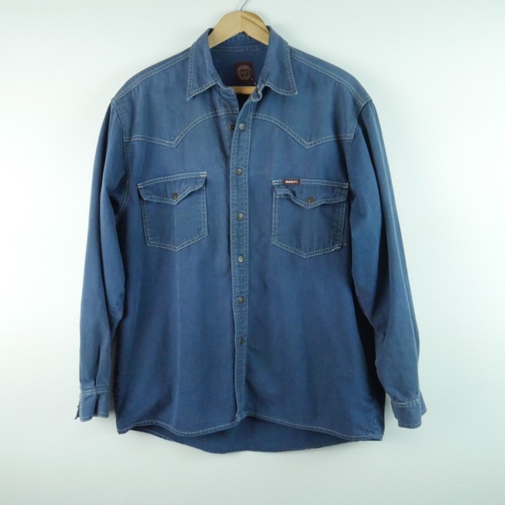 Easy Vintage Mens Western Long Sleeve Snap Shirt Chambray Shacket 70s M Cowboy